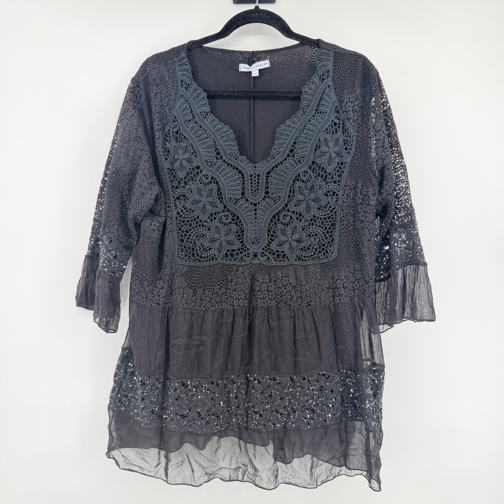 Tempo Paris Tunic Top Silk Sequins Made in Italy L Black Womens Boho Chic Blouse